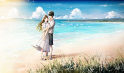 Rule 34 | beach, black eyes, black hair, black shorts, blue sky, blush, brown hair, closed mouth, cloud, collared shirt, couple, day, dress, earrings, eye contact, grass, grey dress, grey shirt, hetero, highres, hug, hug from behind, jewelry, kazuharu kina, lighthouse, long hair, looking at another, mountainous horizon, ocean, original, outdoors, own hands together, sandals, shirt, shoes, shore, shorts, sky, sleeveless, sleeveless dress, sleeves pushed up, smile, standing, v arms, water, white footwear, wide shot, wind