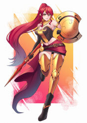 absurdres armor belt blueriest breasts cleavage commission commissioner_upload corset earrings gold_tiara green_eyes highres holding holding_polearm holding_shield holding_weapon jewelry leg_armor miniskirt navel polearm pyrrha_nikos red_hair red_sash red_skirt rwby sash shield skirt spear thigh_gap tiara weapon wide_hips