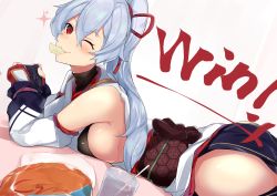 Rule 34 | 1girl, :3, absurdres, ass, bare shoulders, blue hair, breasts, chips (food), commentary request, controller, detached sleeves, dualshock, dutch angle, fate/grand order, fate (series), food, food in mouth, game controller, gamepad, hair ribbon, highres, large breasts, long hair, looking at viewer, lying, nanakaku, on stomach, one eye closed, playstation controller, ponytail, potato chips, red eyes, ribbon, sideboob, solo, thighs, tomoe gozen (fate)