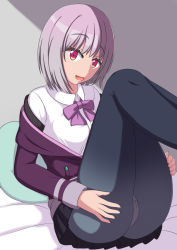 Rule 34 | 10s, 1girl, ass, ass grab, bed, blush, breasts, cameltoe, cardigan, grabbing own ass, gridman universe, highres, knees, knees up, large breasts, legs, looking at viewer, open mouth, panties, panties under pantyhose, pantyhose, pillow, pink hair, red eyes, school uniform, shinjou akane, short hair, skirt, smile, solo, ssss.gridman, underwear