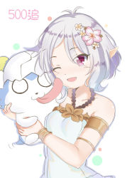 Rule 34 | 1girl, ;d, absurdres, antenna hair, bad id, bad pixiv id, bare shoulders, blush, breasts, collarbone, commentary request, dress, flower, grey hair, hair between eyes, hair flower, hair ornament, halterneck, head tilt, highres, holding, kokkoro (princess connect!), o o, one eye closed, open mouth, pink flower, pointy ears, princess connect!, purple eyes, rinringyo, small breasts, smile, solo, tongue, tongue out, upper body, white background, white dress, white flower