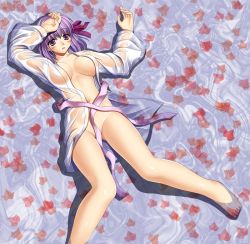 Rule 34 | 00s, 1girl, breasts, censored, convenient censoring, fate/stay night, fate (series), hiya, japanese clothes, kimono, large breasts, legs, long legs, matou sakura, no panties, open clothes, open robe, purple eyes, purple hair, ribbon, robe, see-through, solo, spread legs, thighs, water, wet, wet clothes