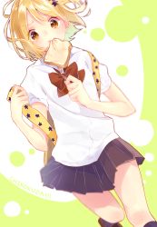 Rule 34 | 10s, 1girl, absurdres, bad id, bad pixiv id, blush, bread slice, food, food in mouth, haikyuu!!, highres, looking at viewer, mouth hold, romaji text, school uniform, short hair, skirt, solo, tears, toast, toast in mouth, tyanotya, yachi hitoka