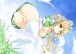 Rule 34 | 1girl, anus, blonde hair, breasts, breasts out, censored, green eyes, highres, leafa, medium breasts, no panties, outdoors, peeing, ponytail, pussy, sera sonon, solo, sword art online, thighhighs