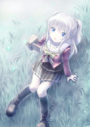 Rule 34 | 10s, 1girl, blue eyes, blush, camcorder, charlotte (anime), from above, grass, long hair, long sleeves, looking up, open mouth, pleated skirt, rin2008, school uniform, serafuku, silver hair, sitting, skirt, solo, tomori nao, twintails, two side up, video camera