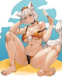 Rule 34 | 1girl, abs, animal ears, beach, bikini, black choker, blue sky, breasts, choker, cleavage, commentary, earrings, english commentary, female pubic hair, food, full body, gradient sky, hand in own hair, hat, highres, holding, holding food, ice cream, inubashiri momiji, jewelry, large breasts, looking at viewer, navel, open mouth, orange bikini, outdoors, pubic hair, red eyes, red hat, red nails, short hair, sky, solo, swimsuit, tail, tokin hat, tomatolover16, touhou, white hair, wolf ears, wolf girl, wolf tail