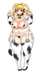 Rule 34 | 1girl, animal ears, animal print, bell, bikini, blonde hair, blush, boots, breasts, brown eyes, collar, cow ears, cow print, cowbell, covered erect nipples, fake animal ears, fake horns, fat, female focus, full body, headphones, highres, horns, huge breasts, kjmvideo, large breasts, looking at viewer, navel, nitroplus, open mouth, plump, solo, standing, super pochaco, swimsuit, thick thighs, thigh boots, thighhighs, thighs, twintails, wide hips