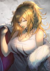 Rule 34 | 1girl, animal ears, arknights, bare shoulders, black choker, breasts, brown eyes, brown hair, candy, choker, cleavage, commentary, food, food in mouth, fur trim, grey background, hand up, highres, large breasts, lion ears, lollipop, long hair, looking at viewer, mouth hold, off shoulder, ohako (ohako1818), resolution mismatch, siege (arknights), solo, source larger, tank top, upper body, white tank top