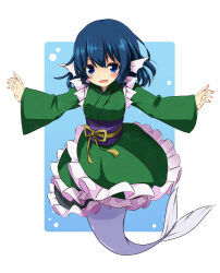 Rule 34 | 1girl, absurdres, blue background, blue eyes, blue hair, border, breasts, drill hair, drill sidelocks, fins, frilled kimono, frills, green kimono, head fins, highres, japanese clothes, kimono, kneeless mermaid, long sleeves, medium hair, mermaid, monster girl, obi, open mouth, outstretched arms, purple sash, sash, sidelocks, small breasts, solo, spread arms, touhou, tsuukinkaisoku oomiya, wakasagihime, white border, wide sleeves