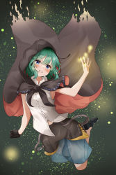 Rule 34 | 1girl, adapted costume, alternate eye color, antennae, black cape, black footwear, black gloves, black shorts, blue eyes, blue shorts, blush, breasts, bug, cape, collared shirt, commentary request, firefly, full body, gloves, green hair, grin, highres, hood, hood up, hooded cape, insect, looking at viewer, red cape, sefushi, shirt, short hair, shorts, single glove, sleeveless, sleeveless shirt, small breasts, smile, solo, touhou, two-sided cape, two-sided fabric, white shirt, wriggle nightbug