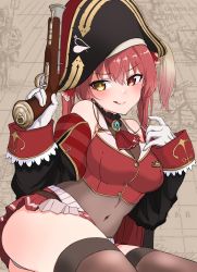 Rule 34 | 1girl, antique firearm, ass, bare shoulders, black thighhighs, blunderbuss, breasts, cleavage, commentary request, covered navel, firearm, gloves, gun, handgun, hat, heterochromia, highres, hololive, houshou marine, houshou marine (1st costume), jewelry, karu (kashimiru8143), large breasts, leaning to the side, map, map background, midriff, miniskirt, panties, panty peek, pendant, pirate, pirate hat, pistol, red eyes, red hair, red skirt, see-through, see-through cleavage, sitting, skirt, smile, solo, thighhighs, tongue, tongue out, twintails, underwear, virtual youtuber, weapon, white gloves, yellow eyes, zettai ryouiki