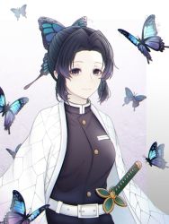 Rule 34 | 1girl, bad id, bad pixiv id, belt, belt buckle, black eyes, black hair, black jacket, buckle, bug, butterfly, butterfly hair ornament, closed mouth, gradient hair, hair intakes, hair ornament, haori, highres, insect, jacket, japanese clothes, kimetsu no yaiba, kochou shinobu, looking at viewer, multicolored hair, purple hair, schneid0124, sheath, sheathed, short hair, smile, solo, sword, weapon, white belt