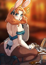 Rule 34 | alcohol, alternate costume, animal ears, annette fantine dominic, backless outfit, beer, beer mug, blue eyes, broken, cup, fake animal ears, fire emblem, fire emblem: three houses, glass, heart, heart-shaped pupils, highres, kinkymation, leotard, looking at viewer, looking back, md5 mismatch, mug, nintendo, pantyhose, playboy bunny, rabbit ears, rabbit tail, red hair, solo, spill, symbol-shaped pupils, tail, thighband pantyhose, wide-eyed, wide hips