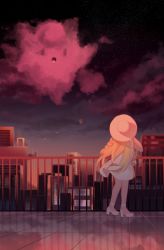 Rule 34 | 1girl, :o, absurdres, blonde hair, braid, building, cityscape, clefairy, cloud, commentary, creatures (company), dress, fence, from behind, game freak, gen 1 pokemon, hat, high heels, highres, lillie (pokemon), long hair, night, nintendo, outdoors, pinlin, pokemon, pokemon (anime), pokemon (creature), pokemon sm (anime), reflection, sky, tile floor, tiles, twin braids, white dress, white footwear, white headwear