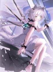 Rule 34 | 1girl, :o, animal ear fluff, animal ears, arknights, bare shoulders, barefoot, blurry, blurry background, cat ears, cat girl, cat tail, commentary request, depth of field, dress, glowing, green eyes, grey hair, hand up, highres, looking at viewer, parted lips, rosmontis (arknights), sitting, solo, tail, white dress, yunnasu
