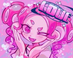 Rule 34 | 1girl, absurdres, english text, eyelashes, heart, heart-shaped pupils, highres, nintendo, octoling, octoling girl, octoling player character, one eye closed, open mouth, payayo884, pink background, pink eyes, solo, sparkle, splatoon (series), symbol-shaped pupils, teeth, thick eyebrows, twintails, upper body