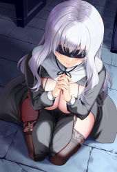 Rule 34 | 1girl, black blindfold, black dress, black garter straps, black ribbon, black thighhighs, blindfold, breasts, breasts out, closed mouth, commentary request, dress, facing viewer, from above, garter straps, huyumitsu, indoors, interlocked fingers, large breasts, long hair, long sleeves, neck ribbon, nun, on floor, original, own hands together, paid reward available, pelvic curtain, ribbon, sitting, solo, stone floor, thighhighs, thighs, white hair