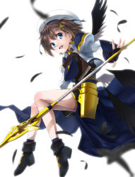 Rule 34 | 00s, 1girl, blue eyes, book, brown hair, feathers, fingerless gloves, gloves, hair ornament, hat, lyrical nanoha, mahou shoujo lyrical nanoha, mahou shoujo lyrical nanoha strikers, schwertkreuz, short hair, solo, staff, tome of the night sky, wings, x hair ornament, yagami hayate, yone