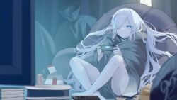 Rule 34 | 1girl, aged up, artist request, azur lane, bag of chips, barefoot, black nails, blue eyes, blue hair, can, chips (food), colored eyelashes, colored skin, controller, couch, drink can, fast food, fingernails, food, game cg, game console, game controller, gamepad, hair over one eye, highres, hikikomori, holding, holding controller, holding game controller, indoors, jewelry, long hair, messy hair, messy room, multicolored hair, nail polish, necklace, non-web source, official art, pale skin, playing games, playstation 5, remote control, sitting, soda can, solo, streaked hair, tb (azur lane), television, trash bag, two-tone hair, very long hair, video game, white hair, white skin