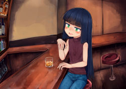 Rule 34 | 1girl, alcohol, bar (place), black hair, blue pants, blunt bangs, blush, bottle, brown sweater vest, cup, denim, drink, drinking glass, green eyes, highres, ice, ice cube, indoors, jeans, long hair, open mouth, original, pants, santyoku, sitting, sleeveless, sleeveless sweater, solo, stool, sweater, sweater vest, turtleneck, turtleneck sweater, whiskey, wine bottle