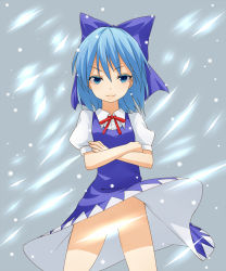Rule 34 | 1girl, blue eyes, blue hair, bow, censored, cirno, clothes lift, convenient censoring, crossed arms, dress, dress lift, hair bow, looking at viewer, matching hair/eyes, miyo (ranthath), no panties, perfect cherry blossom, snow, solo, touhou, upskirt, wind, wind lift