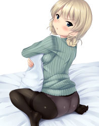 Rule 34 | &gt;:t, 10s, 1girl, :t, angry, ass, back, bad id, bad pixiv id, bed, black pantyhose, blonde hair, blue eyes, blush, braid, darjeeling (girls und panzer), feet, frown, girls und panzer, highres, hug, lace, lace-trimmed panties, lace trim, long sleeves, looking at viewer, looking back, nksk, no pants, hugging object, panties, panties under pantyhose, pantyhose, pillow, pillow grab, pillow hug, pout, ribbed sweater, short hair, sitting, solo, sweater, thighband pantyhose, turtleneck, underwear, v-shaped eyebrows, wariza, white background