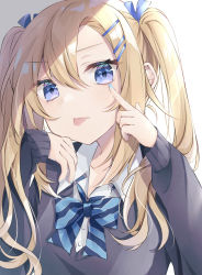Rule 34 | 1girl, akanbe, black sweater, blonde hair, blue bow, blue eyes, blue nails, blue ribbon, bow, breasts, closed mouth, collared shirt, commentary request, diagonal-striped bow, dress shirt, eyelid pull, hair between eyes, hair ornament, hair ribbon, hairclip, highres, long hair, long sleeves, looking at viewer, nail polish, original, puffy long sleeves, puffy sleeves, ribbon, ringouulu, school uniform, shirt, sleeves past wrists, small breasts, solo, sweater, tongue, tongue out, twintails, twitter username, white shirt