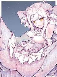 Rule 34 | 1boy, 1girl, armpits, arms behind head, blue background, grabbing another&#039;s breast, breasts, chain, ciyana, cleavage, curled horns, demon horns, grabbing, gradient background, hair ornament, hetero, highres, horns, indie virtual youtuber, kupa (jesterwii), medium breasts, monochrome, open mouth, pantyhose, restrained, solo focus, spread legs, virtual youtuber, yellow eyes