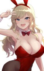 Rule 34 | 14sai bishoujo (shoutarou), 1girl, animal ears, armpits, blonde hair, blue eyes, bow, bowtie, breasts, cleavage, cowboy shot, detached collar, fake animal ears, fake tail, highres, idolmaster, idolmaster cinderella girls, large breasts, leotard, light blush, long hair, ohtsuki yui, open mouth, pantyhose, playboy bunny, rabbit ears, rabbit tail, red bow, red bowtie, red leotard, sidelocks, simple background, smile, solo, swept bangs, tail, traditional bowtie, v, wavy hair, white background, wrist cuffs