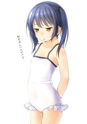 Rule 34 | 1girl, arms behind back, bare arms, bare shoulders, blue hair, blush, brown eyes, casual one-piece swimsuit, collarbone, commentary request, frilled swimsuit, frills, highres, looking away, one-piece swimsuit, original, parted lips, shibacha, simple background, solo, swimsuit, translation request, twintails, white background, white one-piece swimsuit