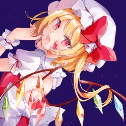 Rule 34 | 1girl, :d, backless outfit, blonde hair, blood, blood on clothes, blood on face, blush, bow, collared shirt, crystal, dutch angle, fang, flandre scarlet, frilled shirt collar, frills, hand up, hat, highres, long hair, looking at viewer, looking back, mob cap, moko (mokochisa), nail polish, one side up, open mouth, puffy short sleeves, puffy sleeves, purple background, red bow, red eyes, red nails, red vest, shirt, short sleeves, simple background, smile, solo, touhou, vest, white bow, white hat, white shirt, wings, wrist cuffs