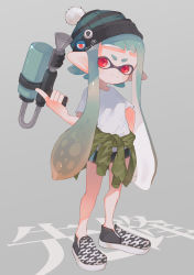 Rule 34 | 1girl, absurdres, artist name, bike shorts, black footwear, black shorts, blunt bangs, bobblehat, closed mouth, clothes around waist, commentary, full body, gradient hair, green hair, green headwear, grey background, hand on own hip, highres, holding, holding weapon, inkling, inkling girl, inkling player character, long hair, looking at viewer, multicolored hair, nintendo, no socks, octoshot (splatoon), orange hair, pointy ears, print footwear, red eyes, sahata saba, shirt, shoes, short shorts, short sleeves, shorts, signature, simple background, single vertical stripe, smile, solo, splatoon (series), splatoon 2, standing, t-shirt, tentacle hair, text background, translated, very long hair, weapon, white shirt