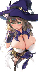 Rule 34 | 1girl, asahina hikage, breasts, capelet, cleavage, finger to mouth, flower, foreshortening, genshin impact, gloves, green eyes, hat, highres, large breasts, lisa (genshin impact), long hair, looking at viewer, low neckline, low tied hair, purple capelet, purple flower, purple headwear, purple rose, rose, witch, witch hat