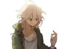 Rule 34 | 1boy, closed mouth, collarbone, commentary request, danganronpa (series), danganronpa 2: goodbye despair, green jacket, grey hair, hair between eyes, hand up, hood, hood down, jacket, komaeda nagito, laver (1090792977), long sleeves, looking at hand, male focus, medium hair, messy hair, nail polish, open clothes, open jacket, red nails, shirt, simple background, smile, solo, upper body, white background, white shirt