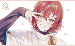 1boy :d azmpty flower grin hair_flower hair_ornament hanasaki_miyabi hanasaki_miyabi_(1st_costume) highres holostars layered_sleeves long_sleeves looking_at_viewer male_focus open_mouth red_hair short_hair short_over_long_sleeves short_sleeves smile solo sweater turtleneck upper_body v_over_eye virtual_youtuber yellow_eyes