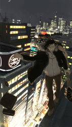 Rule 34 | 1boy, amplifier, bad id, bad pixiv id, balancing, black coat, black hair, brown pants, building, cable, city, city lights, cityscape, coat, crescent moon, from above, fur-trimmed coat, fur trim, guitar, highres, holding, instrument, jacket, loafers, looking to the side, male focus, md5 mismatch, moon, night, night sky, open clothes, open coat, original, outdoors, pants, radio antenna, road, rooftop, scenery, shoes, sky, skyscraper, solo, supe (yuusyasupepen), walking, wind, winter, zipper
