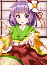 1girl :o floral_print flower green_kimono hair_flower hair_ornament hieda_no_akyuu highres holding holding_paintbrush indoors ink ink_on_clothes japanese_clothes kimono long_sleeves looking_at_viewer open_mouth paintbrush purple_eyes purple_hair red_skirt ruu_(tksymkw) scroll short_hair skirt solo touhou v-shaped_eyebrows white_flower wide_sleeves