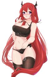 Rule 34 | 1girl, arknights, bare arms, bare shoulders, between breasts, black collar, black panties, black sports bra, black thighhighs, blue eyes, breasts, cleavage, collar, cowboy shot, cropped legs, demon horns, detached collar, food, highres, horns, inniyik, large breasts, long hair, looking at viewer, mixed-language commentary, panties, popsicle, purple eyes, red hair, simple background, solo, sports bra, surtr (arknights), thighhighs, underwear, white background