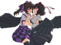 Rule 34 | 2girls, backless outfit, bird wings, black hair, black skirt, blush, brown hair, collar, collared shirt, feathered wings, frilled collar, frilled shirt collar, frills, hair between eyes, hair ribbon, hat, himekaidou hatate, holding hands, imminent kiss, interlocked fingers, isaki (gomi), kneehighs, lace, leggings, looking at another, multiple girls, parted lips, pointy ears, pom pom (clothes), puffy short sleeves, puffy sleeves, purple headwear, purple ribbon, purple skirt, red eyes, red headwear, ribbon, shameimaru aya, shirt, short hair, short sleeves, skirt, socks, tokin hat, touhou, twintails, white background, white shirt, wings, yuri