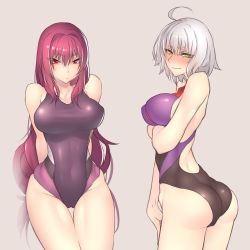 Rule 34 | 2girls, ahoge, alternate costume, ass, blush, breasts, commentary request, covered navel, cowboy shot, curvy, embarrassed, fate/grand order, fate (series), gingami (giluziru), hair between eyes, hair intakes, hip focus, jeanne d&#039;arc (fate), jeanne d&#039;arc alter (avenger) (fate), jeanne d&#039;arc alter (fate), large breasts, long hair, multiple girls, one-piece swimsuit, purple hair, purple one-piece swimsuit, red eyes, scathach (fate), short hair, sidelocks, silver hair, swimsuit, tan background, thick thighs, thighs, wide hips, yellow eyes