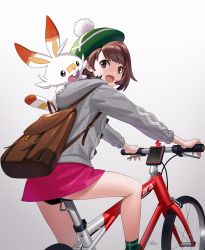 Rule 34 | 1girl, backpack, bag, bicycle, blush, brown eyes, brown hair, cardigan, commentary request, creatures (company), dress, game freak, gen 8 pokemon, gloria (pokemon), green headwear, grey cardigan, hat, long sleeves, looking at viewer, masin0201, nintendo, open mouth, pink dress, pokemon, pokemon (creature), pokemon swsh, scorbunny, short hair, simple background, smile, tam o&#039; shanter, white background