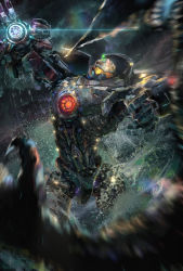 Rule 34 | arm cannon, bioluminescence, blood, blue blood, cannon, chest cannon, colored blood, directed-energy weapon, energy, energy cannon, energy weapon, gas1, gipsy danger, glowing, glowing blood, glowing mouth, glowing weapon, highres, i-19 plasmacaster, jaeger (pacific rim), joints, kaijuu, knifehead, legendary pictures, lights, mecha, night, nuclear vortex turbine, ocean, pacific rim, pan pacific defense corps, plasma cannon, rain, robot, robot joints, sharp teeth, splashing, teeth, water, weapon