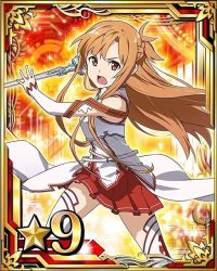 Rule 34 | 10s, 1girl, asuna (sao), brown eyes, brown hair, card (medium), detached sleeves, holding, holding sword, holding weapon, long hair, matching hair/eyes, open mouth, pleated skirt, red skirt, skirt, solo, star (symbol), sword, sword art online, thighhighs, weapon, white thighhighs