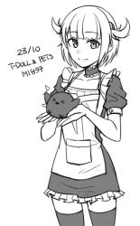 Rule 34 | 1girl, animal, apron, bird, character name, choker, closed mouth, collarbone, dated, dress, frilled choker, frilled dress, frills, girls&#039; frontline, greyscale, highres, holding, holding animal, looking at viewer, m1897 (girls&#039; frontline), monochrome, ndtwofives, puffy short sleeves, puffy sleeves, short hair, short sleeves, sidelocks, simple background, smile, solo, thighhighs, two side up, white background