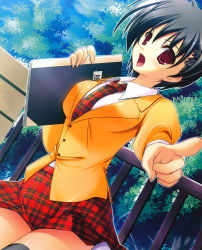 Rule 34 | 1girl, absurdres, highres, misakura nankotsu, necktie, open mouth, plaid, plaid necktie, plaid neckwear, plaid skirt, pointing, pointing at viewer, red eyes, skirt, solo, thighhighs
