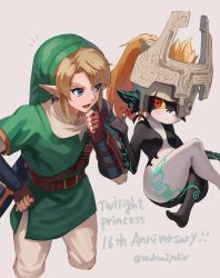 Rule 34 | 1boy, 1girl, anniversary, blonde hair, blue eyes, blush, breasts, colored sclera, colored skin, commentary, commentary request, earrings, fingerless gloves, floating, gloves, highres, jewelry, link, master sword, midna, multicolored skin, nintendo, one eye covered, orange hair, petite, pointy ears, red eyes, saburou (jako), short hair, shortstack, simple background, small breasts, smile, the legend of zelda, the legend of zelda: twilight princess, two-tone skin, white background, yellow sclera