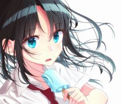 Rule 34 | 1girl, black hair, blue eyes, food, hami yura, holding, holding food, long hair, looking at viewer, necktie, open mouth, original, parted bangs, popsicle, red necktie, school uniform, shirt, short sleeves, simple background, solo, white background, white shirt, wing collar