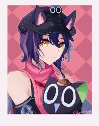 Rule 34 | 1girl, animal, animal ear fluff, animal ears, argyle, argyle background, argyle clothes, arknights, bare shoulders, black cat, black hat, border, brown eyes, cabbie hat, cat, closed mouth, commentary request, crossover, ears through headwear, grey border, hair between eyes, haiteng, hat, heixiu, looking at viewer, luo xiaohei, luo xiaohei zhanji, purple hair, rockrock (arknights), smile, solo, twitter username, upper body