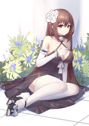 Rule 34 | 1girl, absurdres, bare shoulders, black choker, black dress, black footwear, blue flower, blush, breasts, brown eyes, brown hair, character request, choker, cleavage, closed mouth, collarbone, commentary request, criss-cross halter, dress, elbow gloves, flower, gloves, hair between eyes, hair flower, hair ornament, halterneck, hand up, high heels, highres, large breasts, long hair, looking at viewer, princess connect!, shoes, sitting, sleeveless, sleeveless dress, smile, solo, split mouth, thighhighs, tile floor, tiles, very long hair, white flower, white gloves, white thighhighs, wrist cuffs, yokozuwari, you yi yisheng ai, yui (princess connect!), yui (real) (princess connect!)