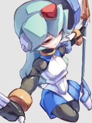 Rule 34 | 1girl, black bodysuit, bodysuit, commentary request, dress, forehead jewel, green hair, henshin, highres, holding, holding staff, mega man (series), mega man zx, omochi (mochi skymega), outstretched arms, pandora (mega man), red eyes, robot ears, simple background, solo, spread arms, staff, transformation, white dress